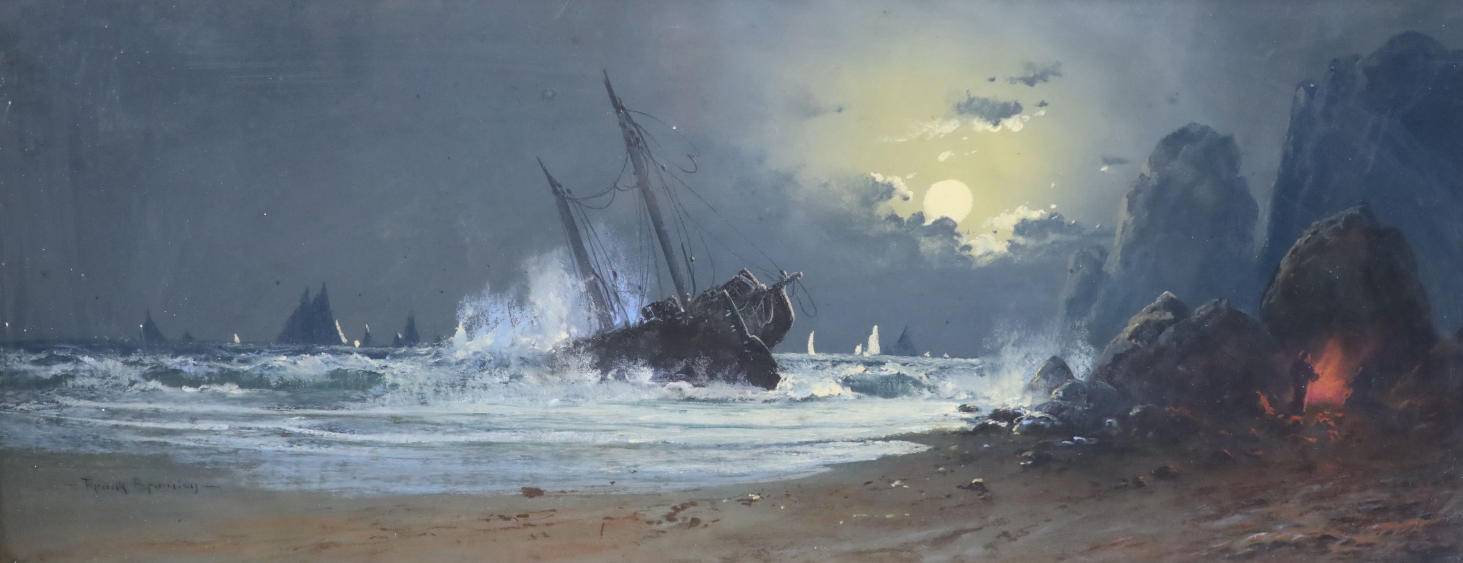 Frank Bramley (1857-1915), Shipwreck at night, Pastel on buff paper, 34 x 85cm.